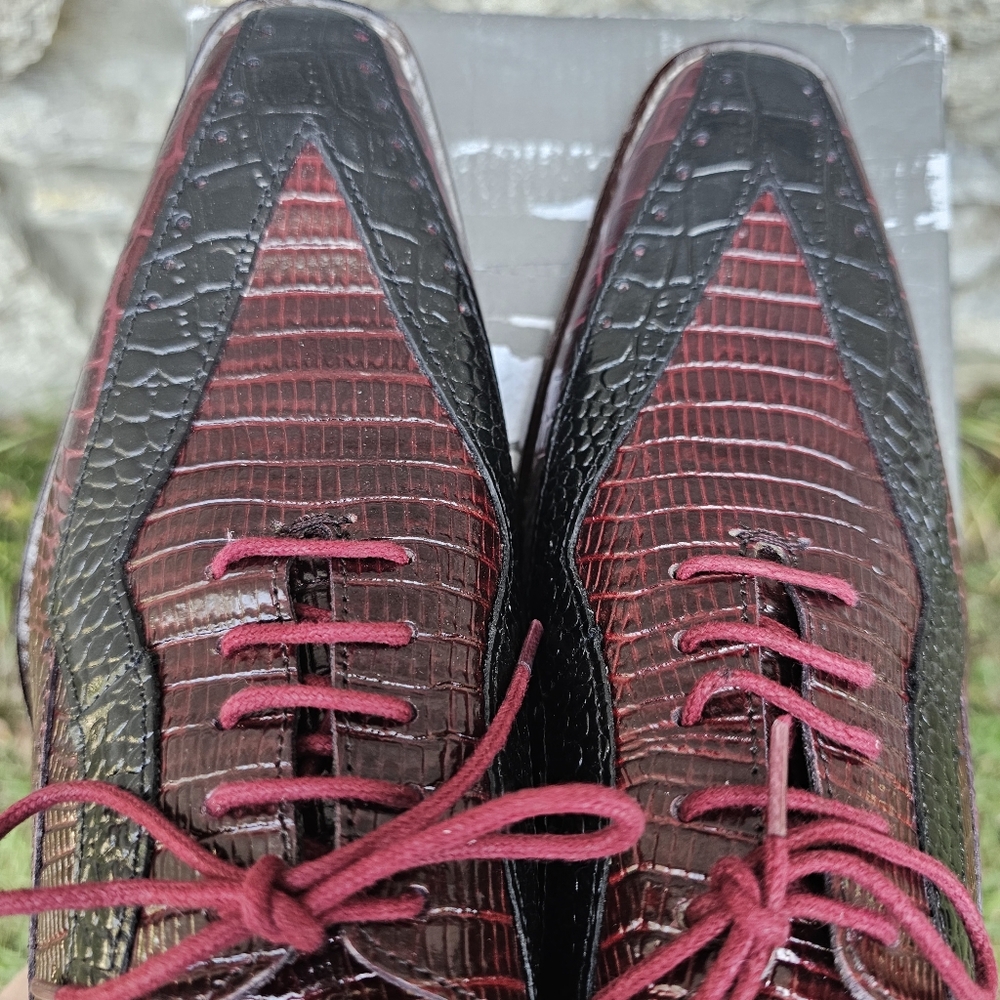 Mens Size 7M Prom Wedding Burgundy and Black Oxford Dress Shoes Snakeskin - Picture 5 of 16